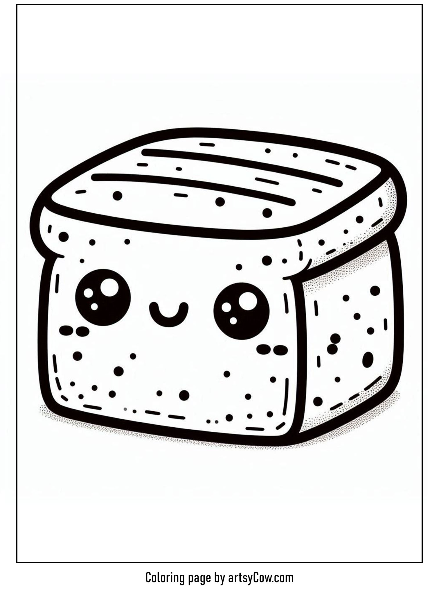 Thanksgiving day coloring pages for kids featuring a cute, smiling piece of cornbread with cheerful eyes and dotted cheeks.